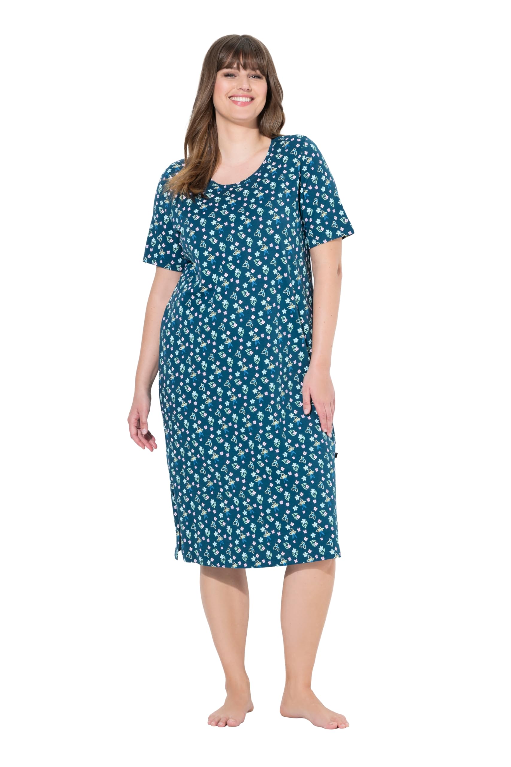 Ulla Popken Damen große Größen Übergrößen Plus Size Nachthemd, Blüten, Rundhals, Halbarm 843831