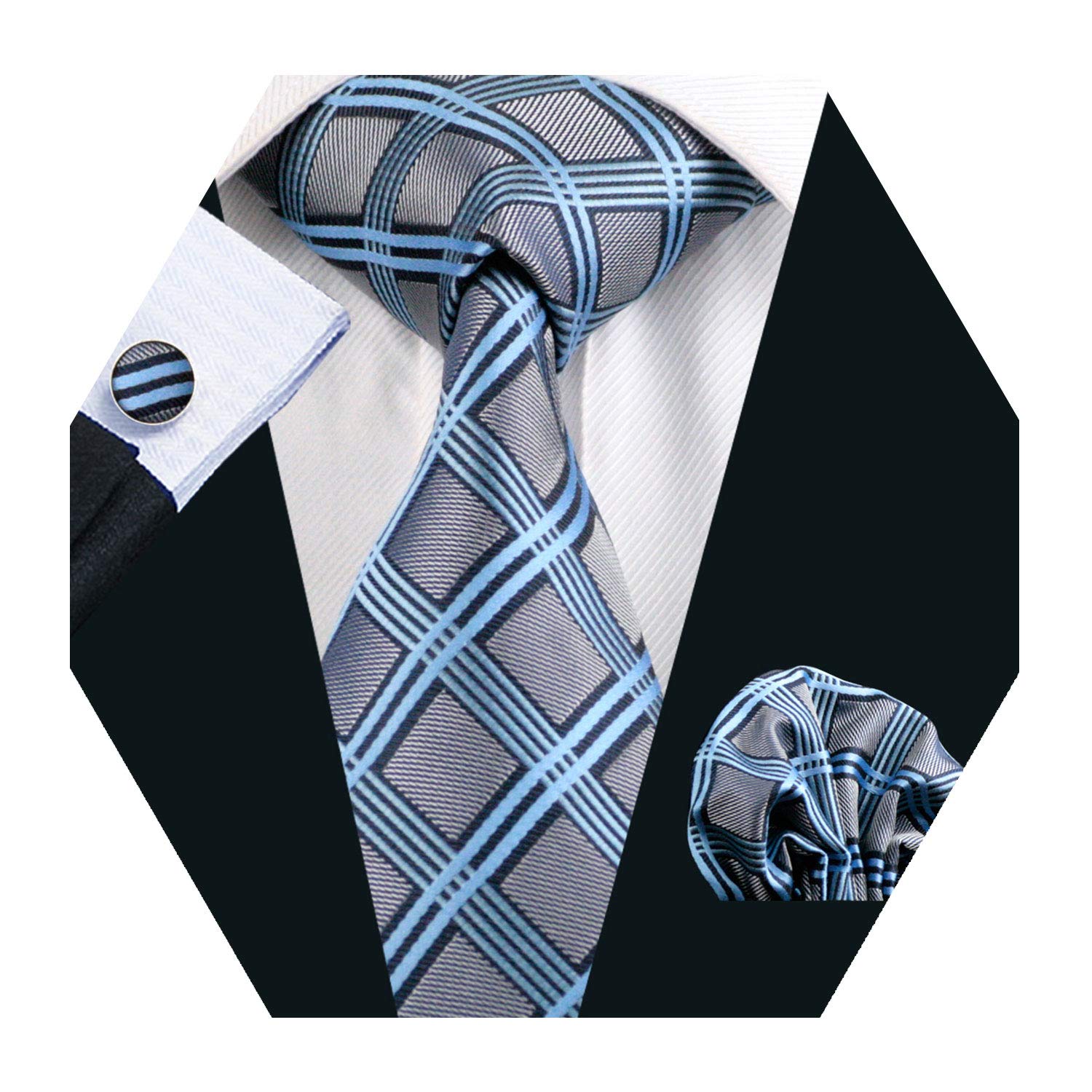 Check Tie Set Men Pocket Square Cufflinks Silk Plaid Business Tie Wedding Fashion