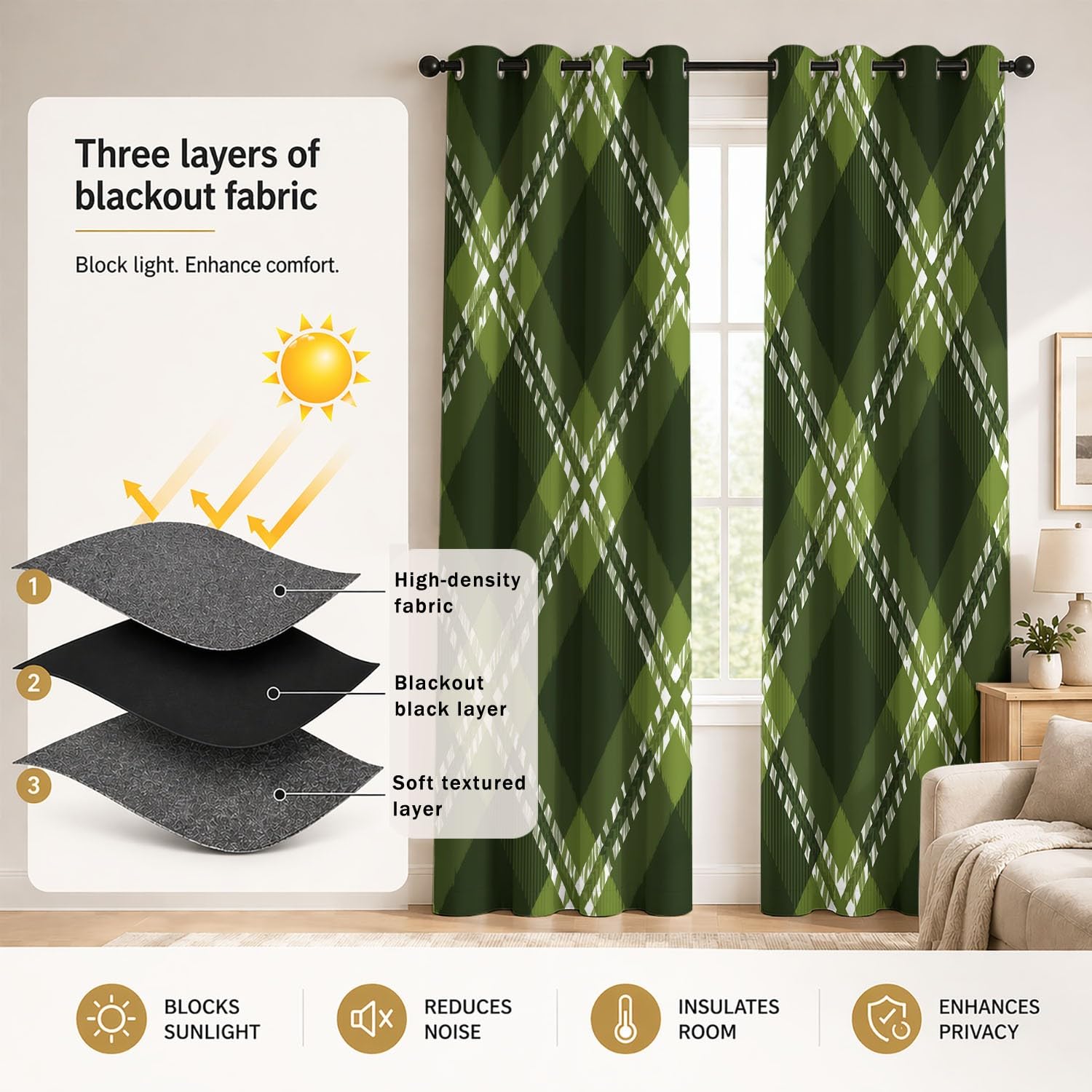 Générique Paire de Rideaux Britannique, Carreaux | Rideaux à Oeillets avec Isolation Thermique et Phonique - Style Tartan, Carreaux, Grille pour Le Salon et la Chambre à Coucher
