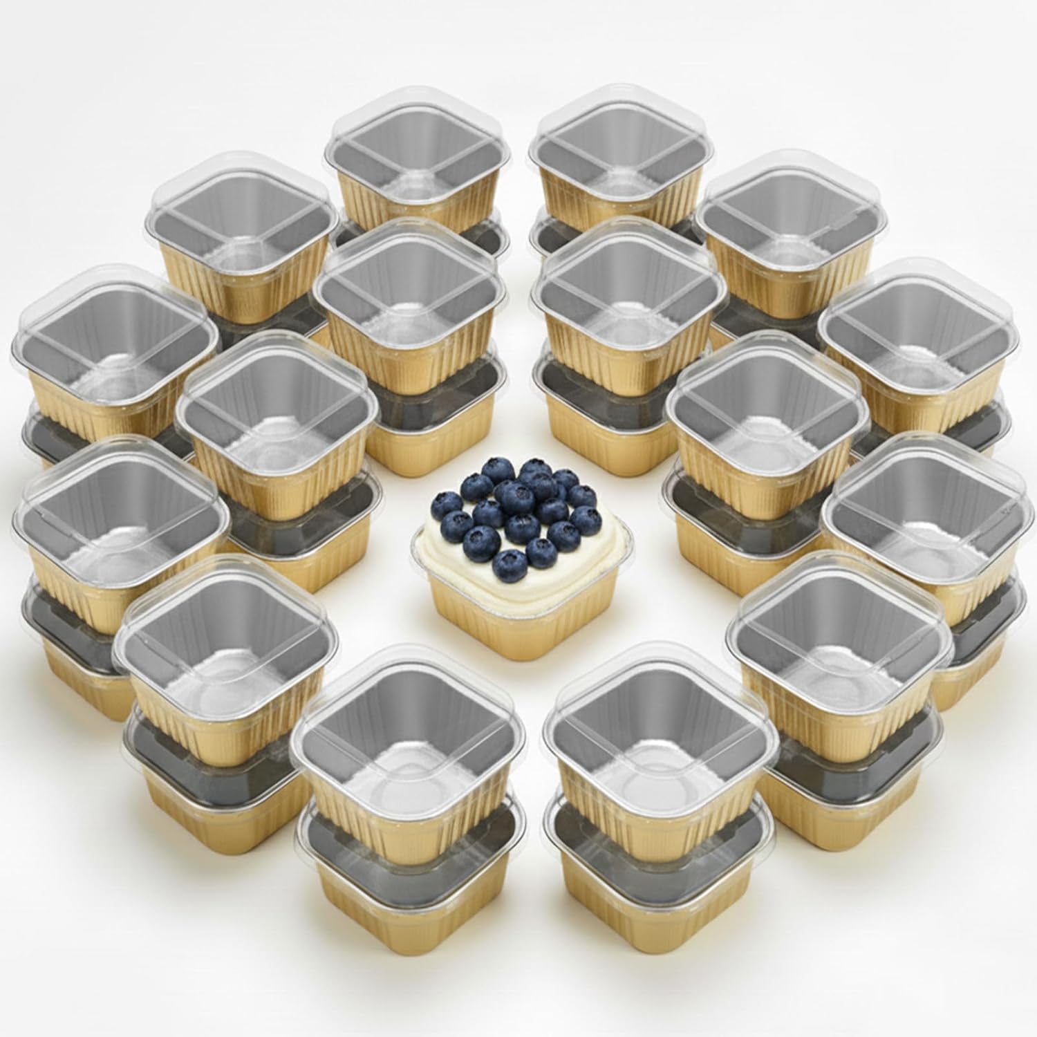 200 Pack Mini Cake Pans with Lids, Disposable Square Aluminum Foil Baking Cups, for Cupcakes, Muffins, Ramekins, and Flan Containers for Weddings, Birthdays, and Parties