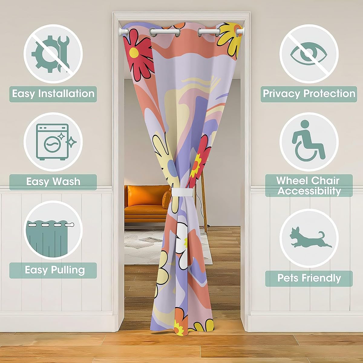Homemissing Retro Hippie Flower Door Curtain for Privacy 106x203cm Vintage Abstract Room Divider Curtain Geometric 60S 70S Groovy Floral 30%-50% Room Blackout Curtain Purple Window Treatment - Image 3