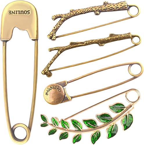 Extra Large Safety Pins Vintage Crystal Tree Leaf Branch Brooches Big Alloy Heavy Duty Sweater Shawl Clip Brooch Pin for Clothing Dress Skirt Hat