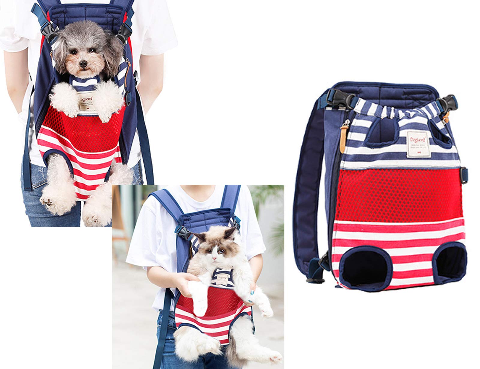 Tineer Zaino per Animali Domestici,Regolabile Dog Front Legs out Carrier Backpack Il Sacchetto di Mano Libero Viaggi,Easy-Fit per 5-12KG Piccole Medie Gatti Cani attività all'aperto (Stripe)
