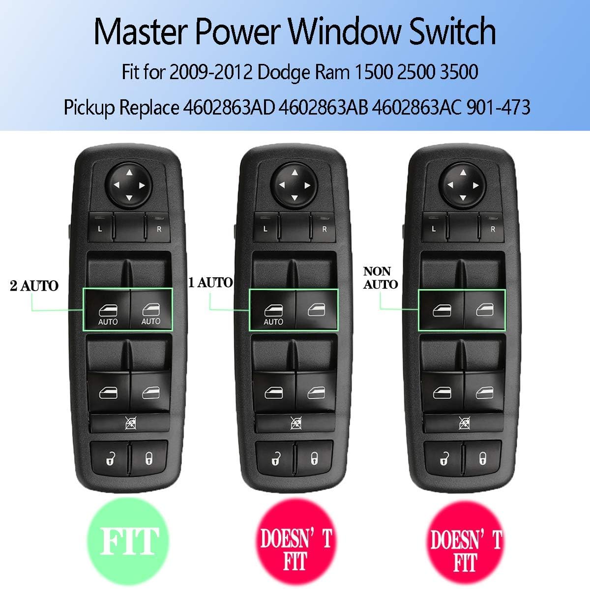 SpeeVech Driver Side Master Power Window Switch Compatible for 2009-2012 Dodge Ram 1500 2500 3500 Pickup Replace 4602863AD 4602863AB 4602863AC