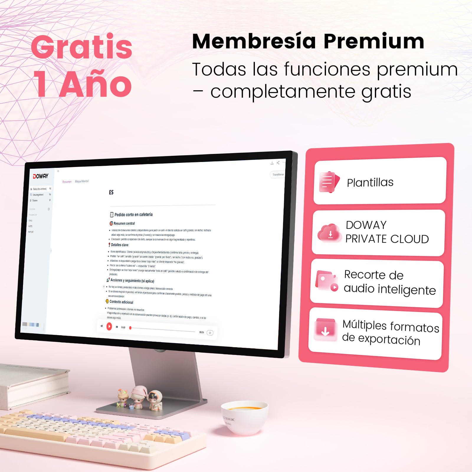 Grabadora de Voz NEWYES IA con aplicación dedicada,transcripción y Resumen,Duración de la batería de 35 Horas, 64 GB de Memoria para reuniones,conferencias, Llamadas,Negocios y Clases(Rosa)