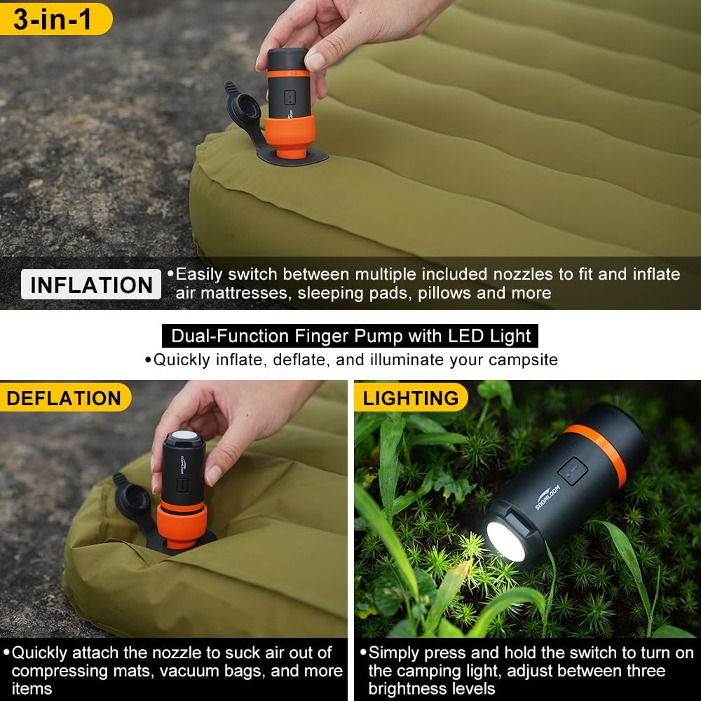 Soomloom Micro Finger Pump with LED Light Electric Ultra-Compact Air Sleeping pad Fast Inflation Build-in Rechargeable Battery Camping Outdoor Air Mattress Inflation/Deflation Pump