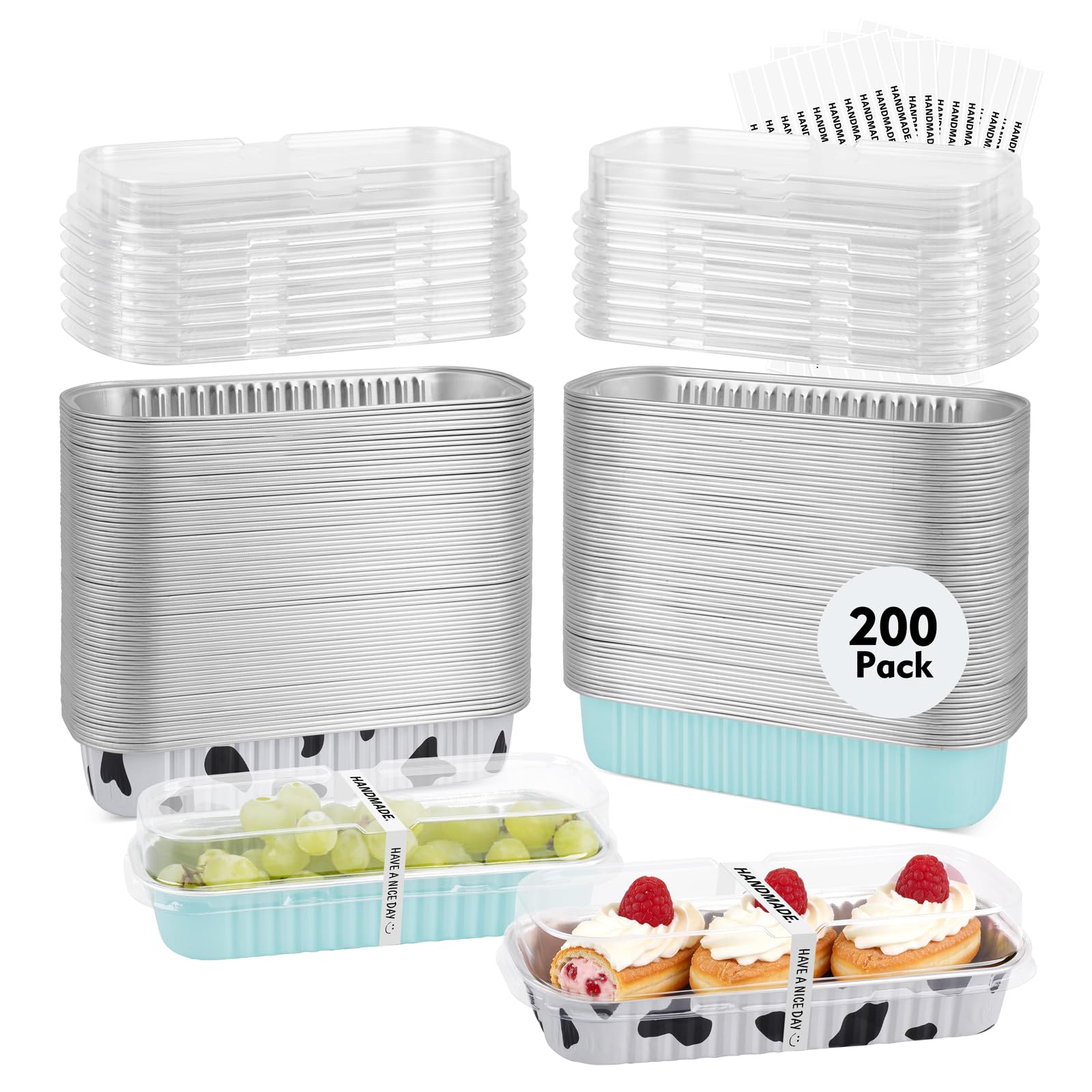 Paquete de 200 mini moldes para pan con tapas y calcomanías de sellado, moldes desechables de papel de aluminio para hornear magdalenas, tarta de queso, ramekin (6.8 onzas, estampado de vaca