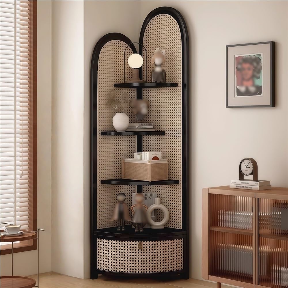 Estantería esquinera de 5 niveles con cesta de almacenamiento y diseño de arco de madera