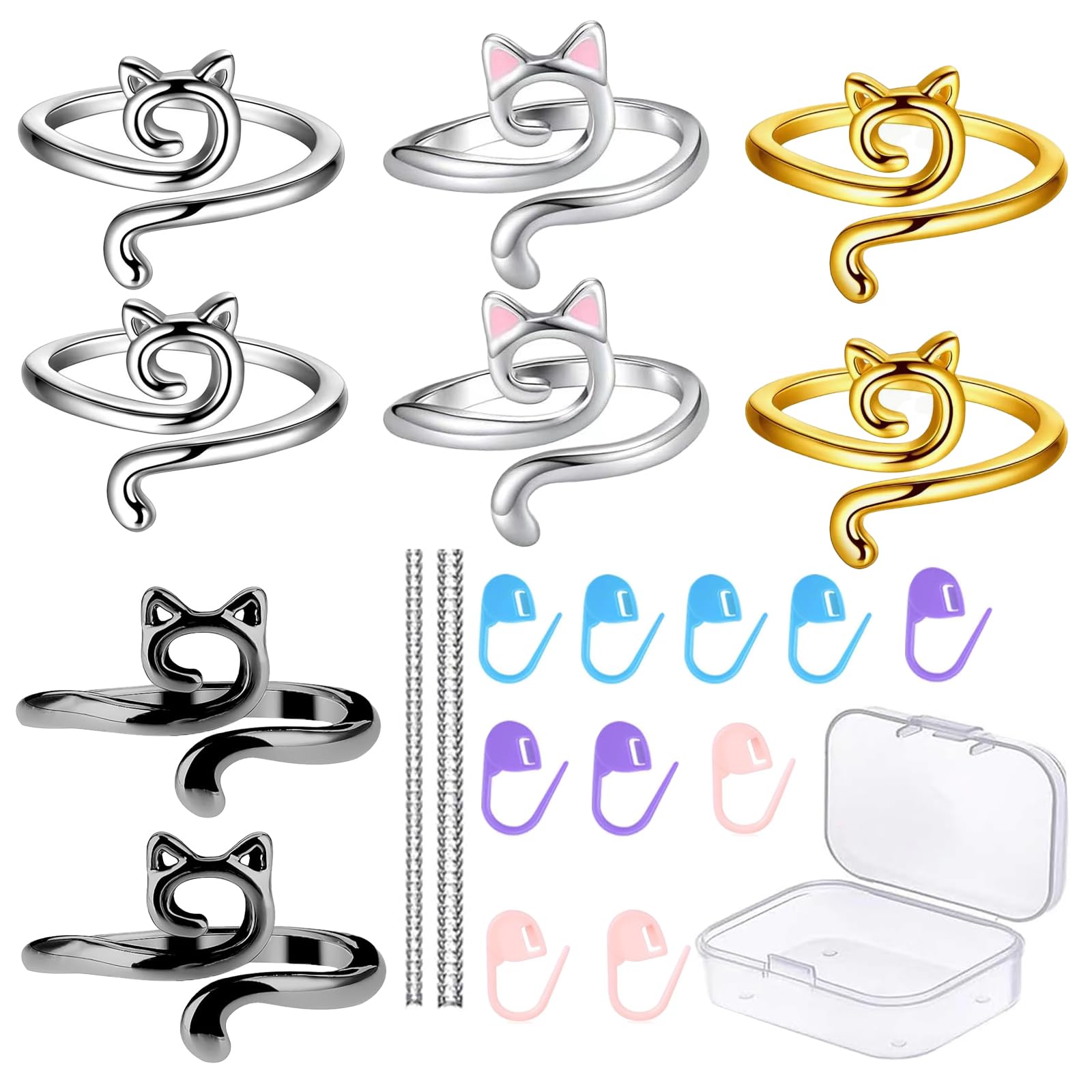 Suiduosd 8 Pack Adjustable Crochet Yarn Tension Ring with 10pcs Stitch Markers?Crochet Ring for Finger Yarn Guide for Hand Weaving