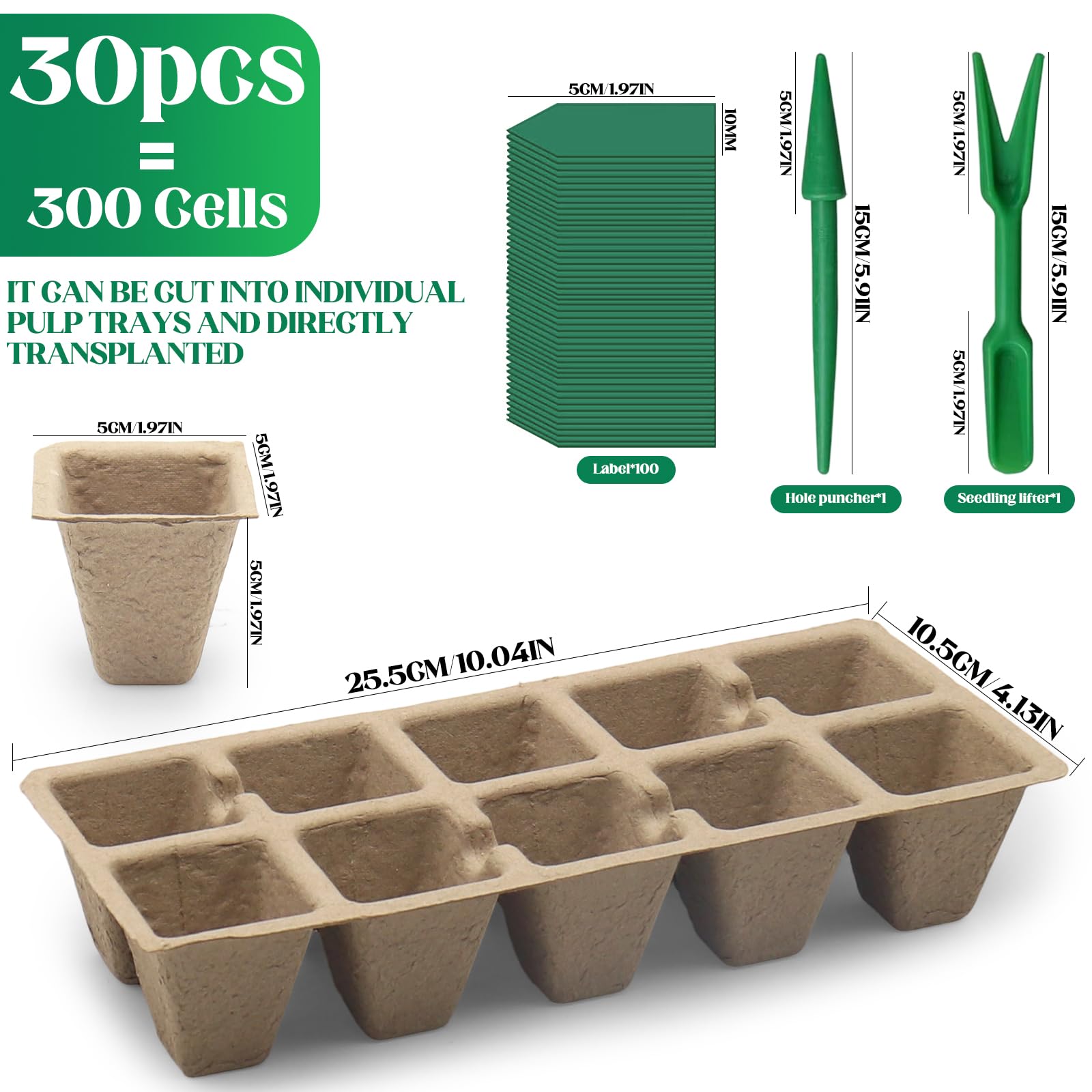 Plateaux de Semis Biodégradables 30 Pièces (10 Alvéoles) – Bacs à Semis Compostables en Fibre de Papier avec Trous de Drainage – Idéal pour Graines, Légumes, Fleurs et Jardinage Écologique