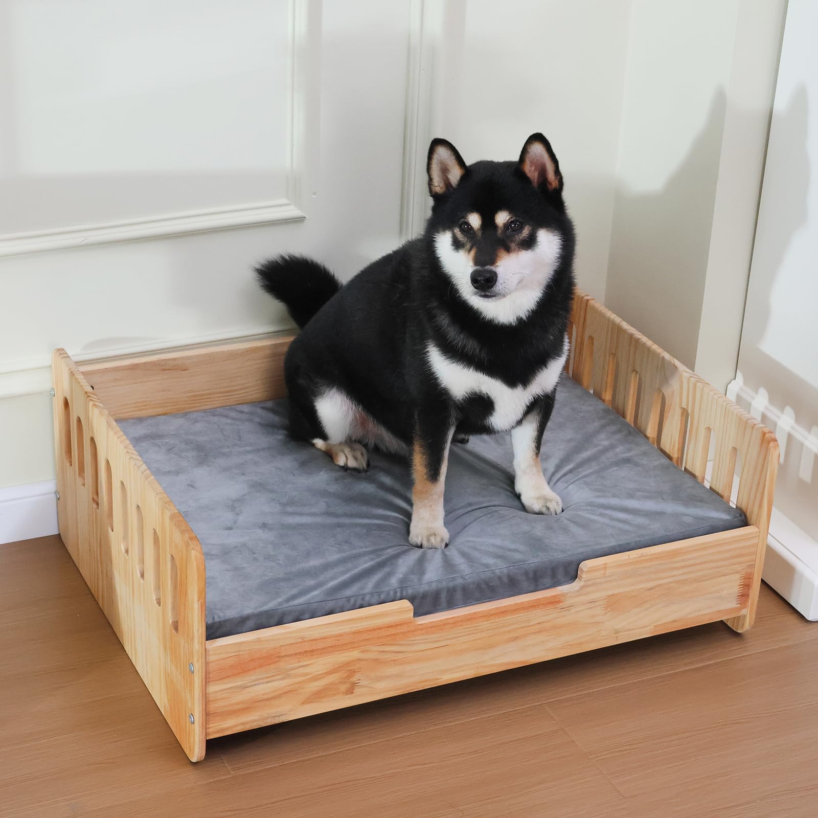RYpetmia Elevated Dog Beds Frame with Mattress, Raised Wood Pet Bed Sofa Indoor for Medium Small Dogs Cats (Pine Wood)