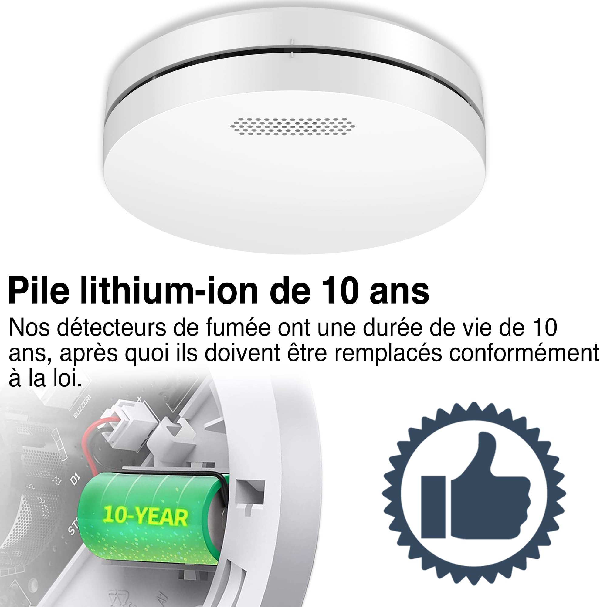 ALPENLUFT Detecteur de fumée 10 Ans Pile, Plat, Detecteur d'incendie, Pas de LED Clignotante, sans perçage, kit Alarme Maison sans Fil- Fumee Protection Incendie, Alarme Incendie (Set de 1)