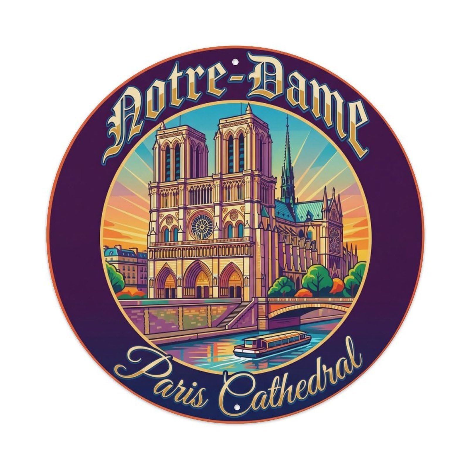 Vintage Travel Notre Dame Paris 1 Metal Tin Sign Plaque Wall Decor for Cafe, Club, Garden Round Metal Poster 8x8Inch