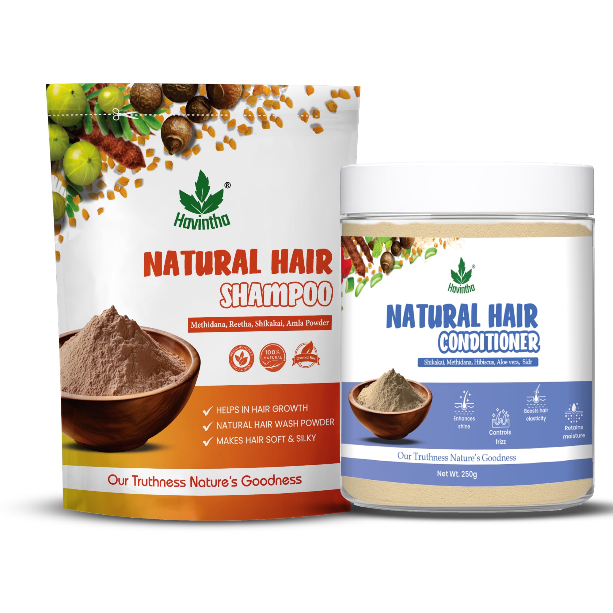 Havintha Natural Amla, Reetha, Shikakai, Methidana Powder Shampoo - 227g and Natural Hair Conditioner - 250g (Combo Pack of Shampoo + Conditioner)