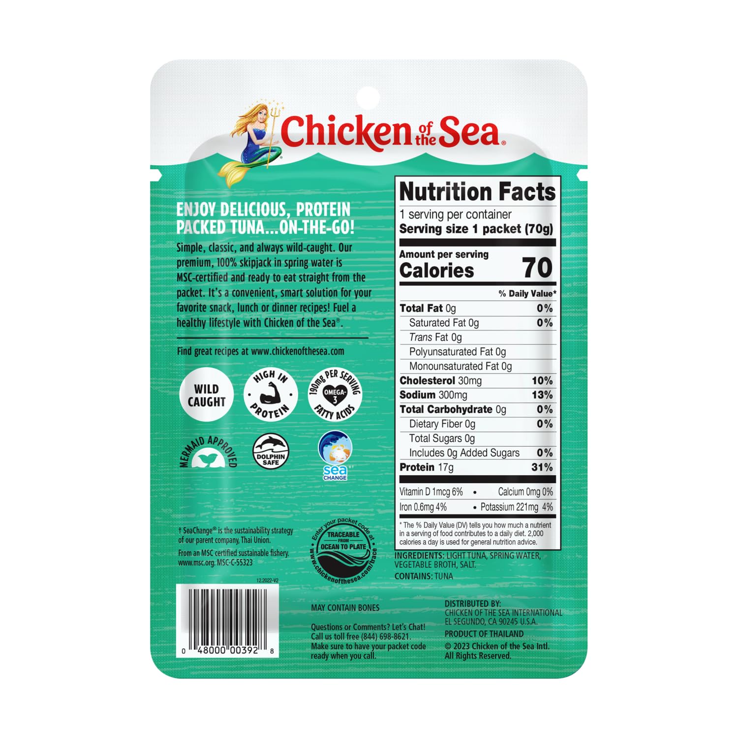 Chicken of the Sea Wild Caught Light Tuna in Spring Water, 2.5 Ounce Packets, 12-Count – High Protein 100% Skipjack Tuna in Water – Easy, Delicious, Nutritious Ready to Eat Meals
