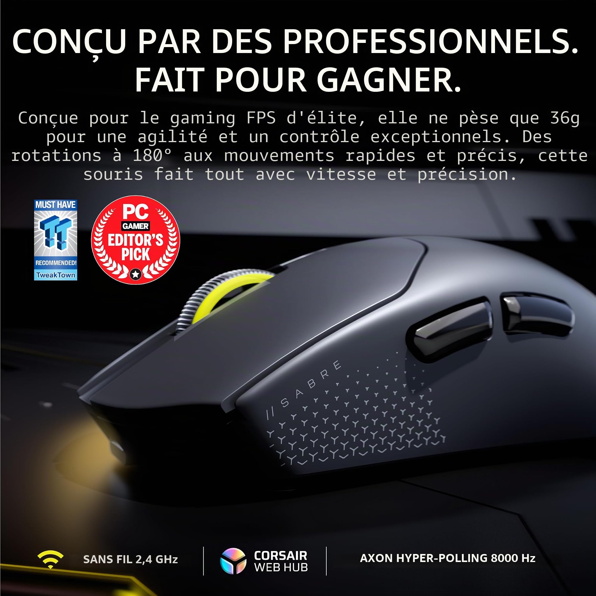 Corsair Sabre v2 Pro Souris de Jeu FPS sans Fil ultralégère - 33 000 DPI, Poids 36 g, Hyper-Polling 8000 Hz, interrupteurs mécaniques, autonomie sans Fil jusqu'à 70 Heures