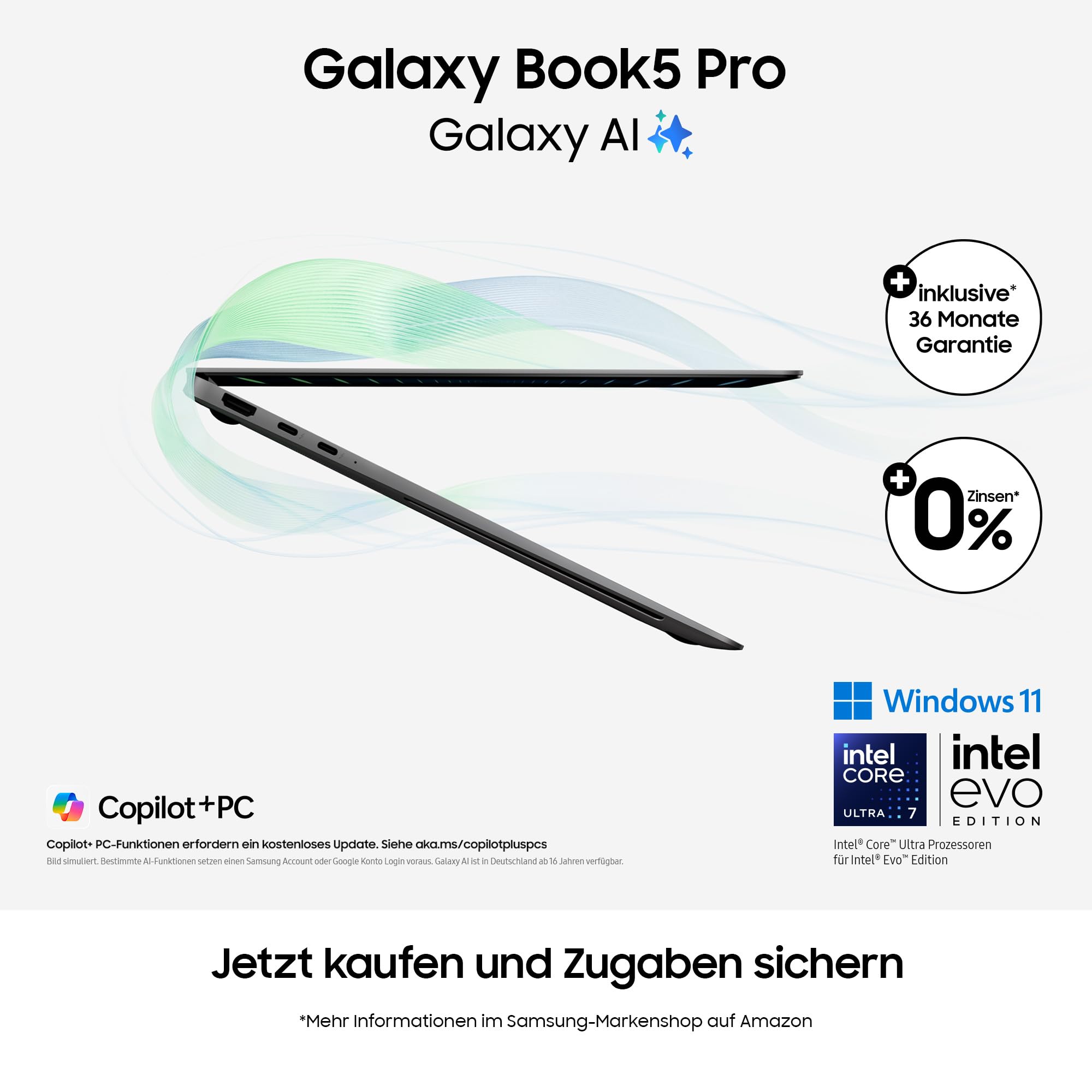Samsung Galaxy Book5 Pro AI-Laptop, 16-Zoll-Display, AI-Notebook mit Intel Core Ultra 5 Prozessor, 16 GB RAM, 512 GB Speicher, Copilot+ PC, Moonstone Gray, 3 Jahre Herstellergarantie