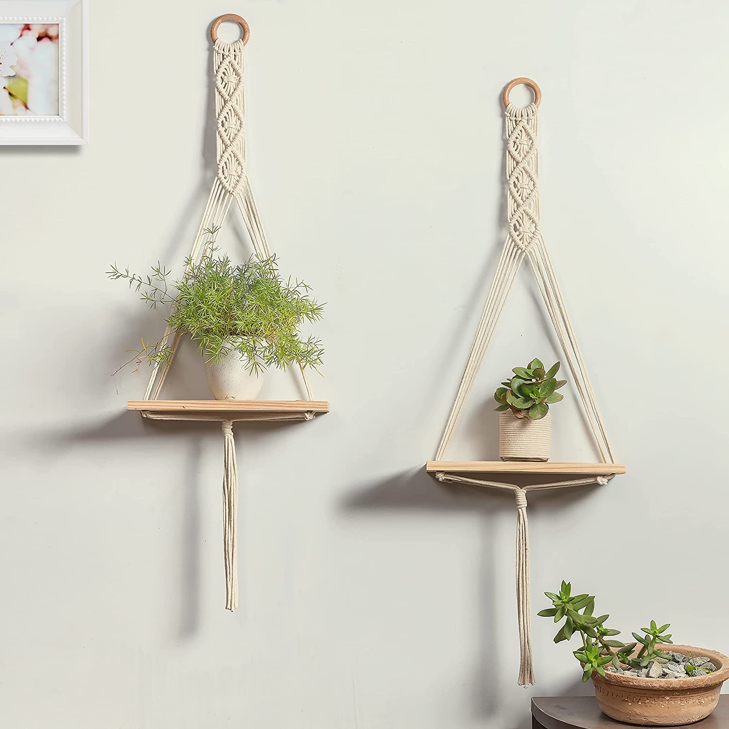 lippan� macrame handmade wall shelf set: cotton cord & pine wood floating shelves for plant decor - set of 2 (small)