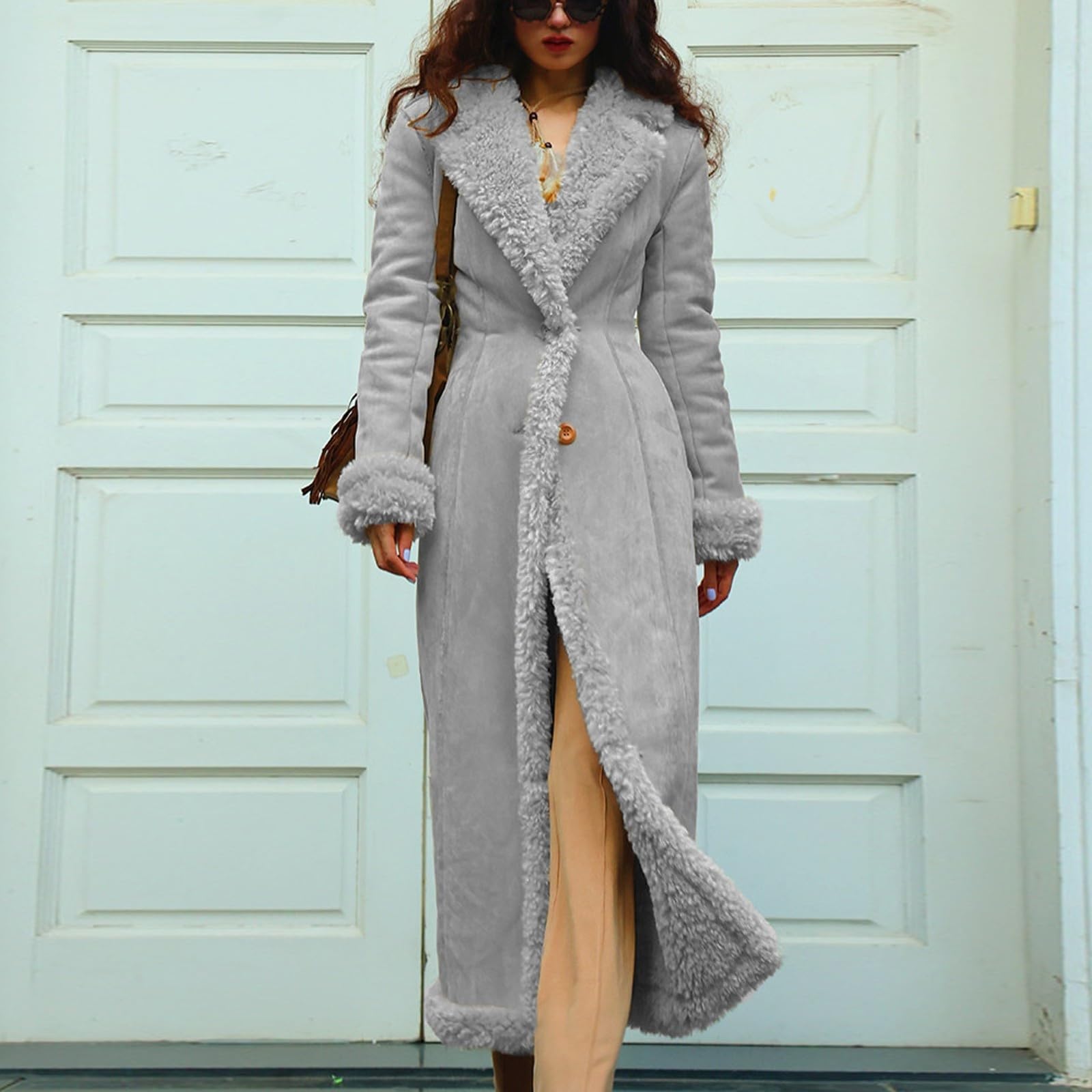 Damen Wintermantel Wildleder Teddyfleece Elegant Revers Open Front Wasserdicht Winddicht Langer Warm Winter
