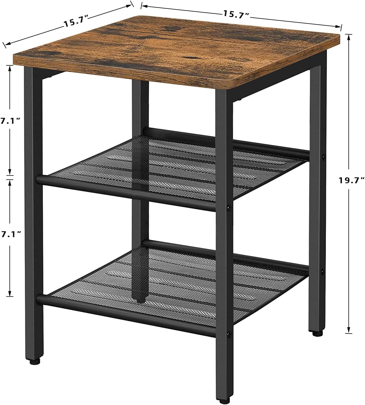BEEWOOT End Table, 3-Tier Side Table, Nightstand, Industrial Beside Sofa Table for Living Room, Bedroom, Stable Metal Frame and Easy Assembly, Rustic Brown TB01BB001