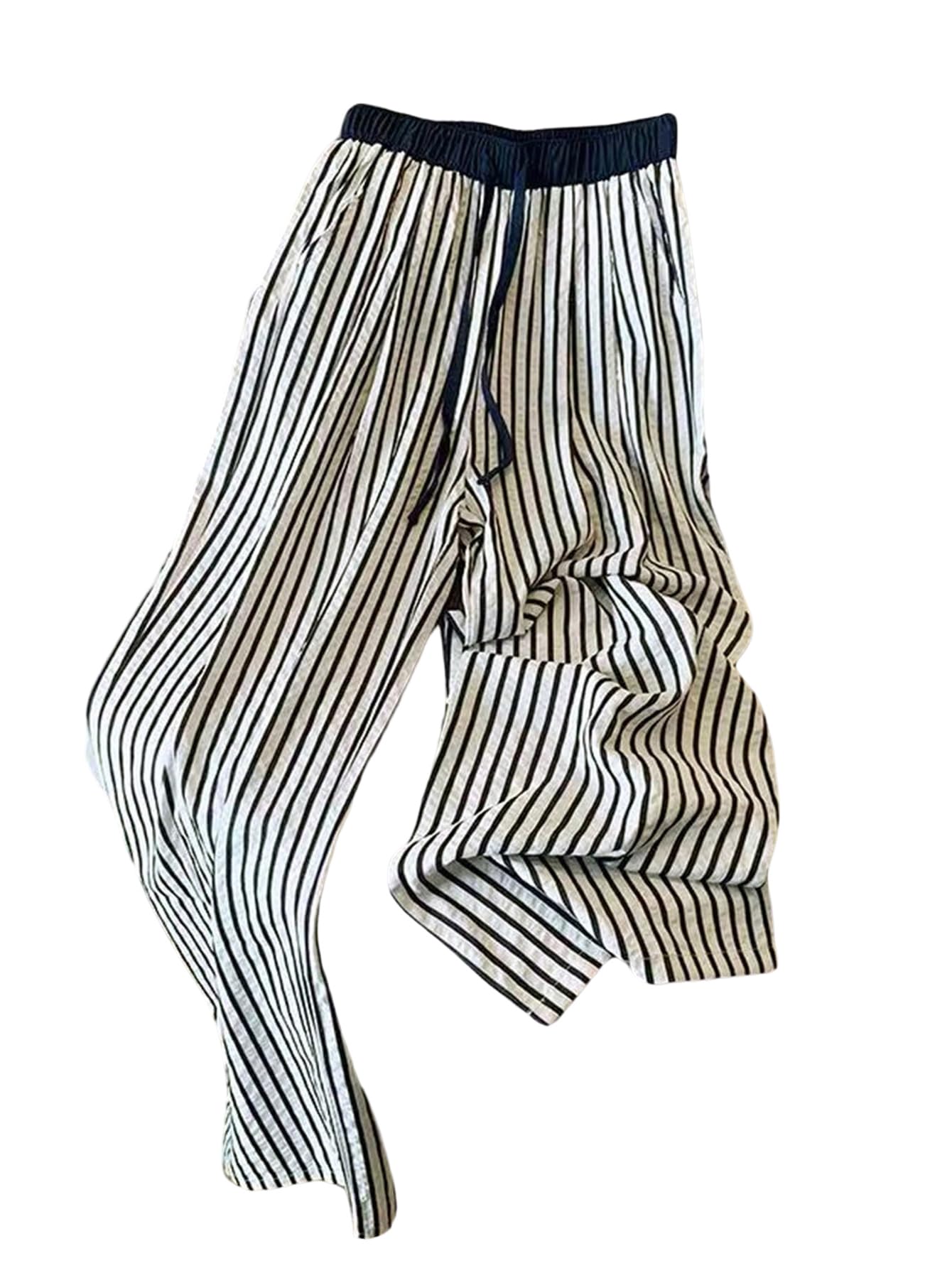 Floerns Womens Striped Wide Leg Pants Tie Front Elastic Waist Loose Trousers with Pockets