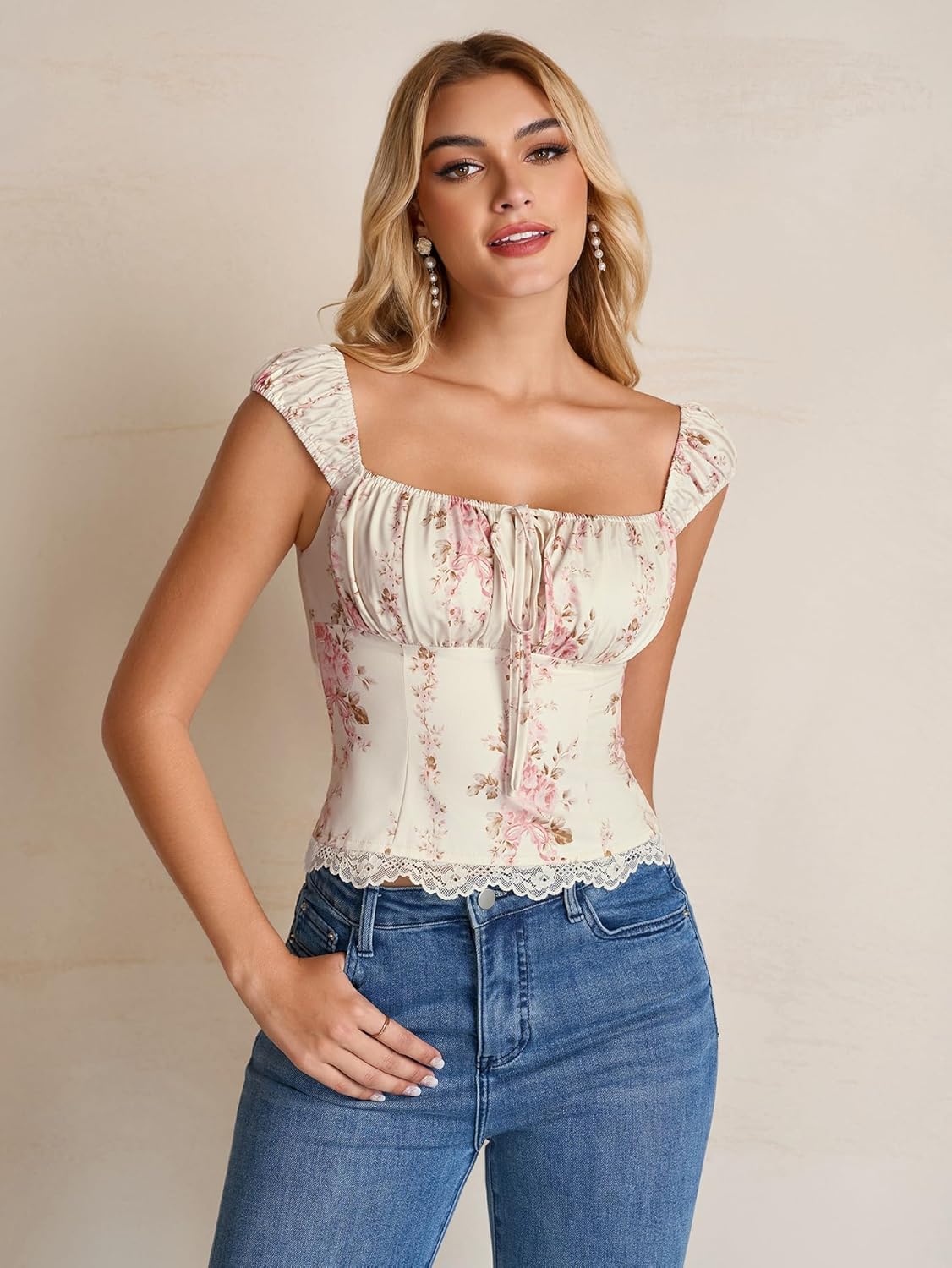 KUTUMAI Floral Lace Corset Top Y2k Square Neck Smocked Bustier Going Out Tie Cute Crop Tops for Women Summer