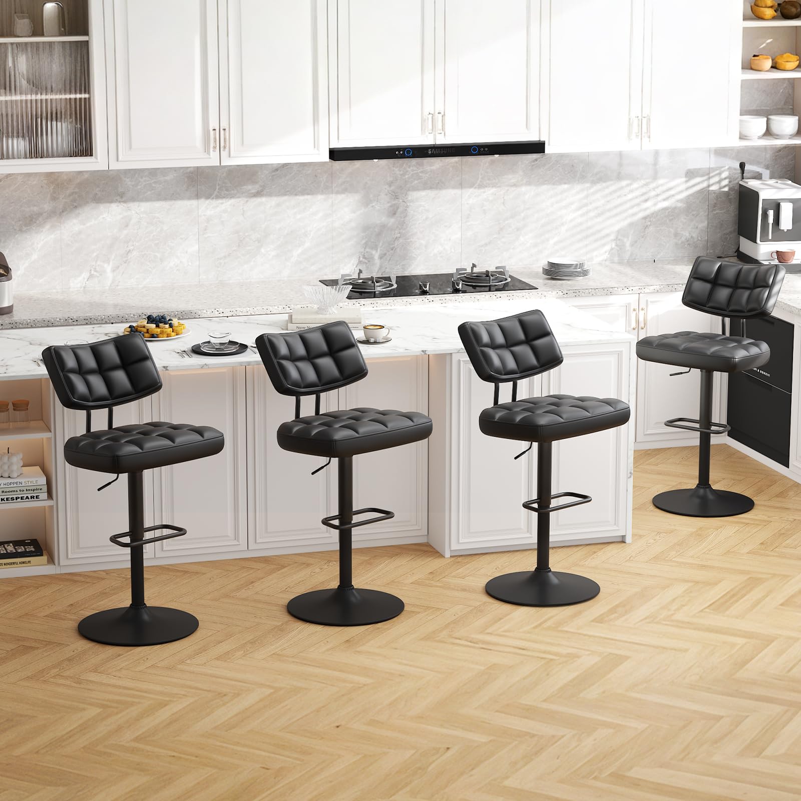 Set di 2 Sgabelli da Bar, Sedie da Bar Girevole 360° Altezza Regolabile da Penisola, Sgabelli Alto in Similpelle, Sedie da Cucina con Schienale e Poggiapiedi per Bar Cucina Ristorante, Nero