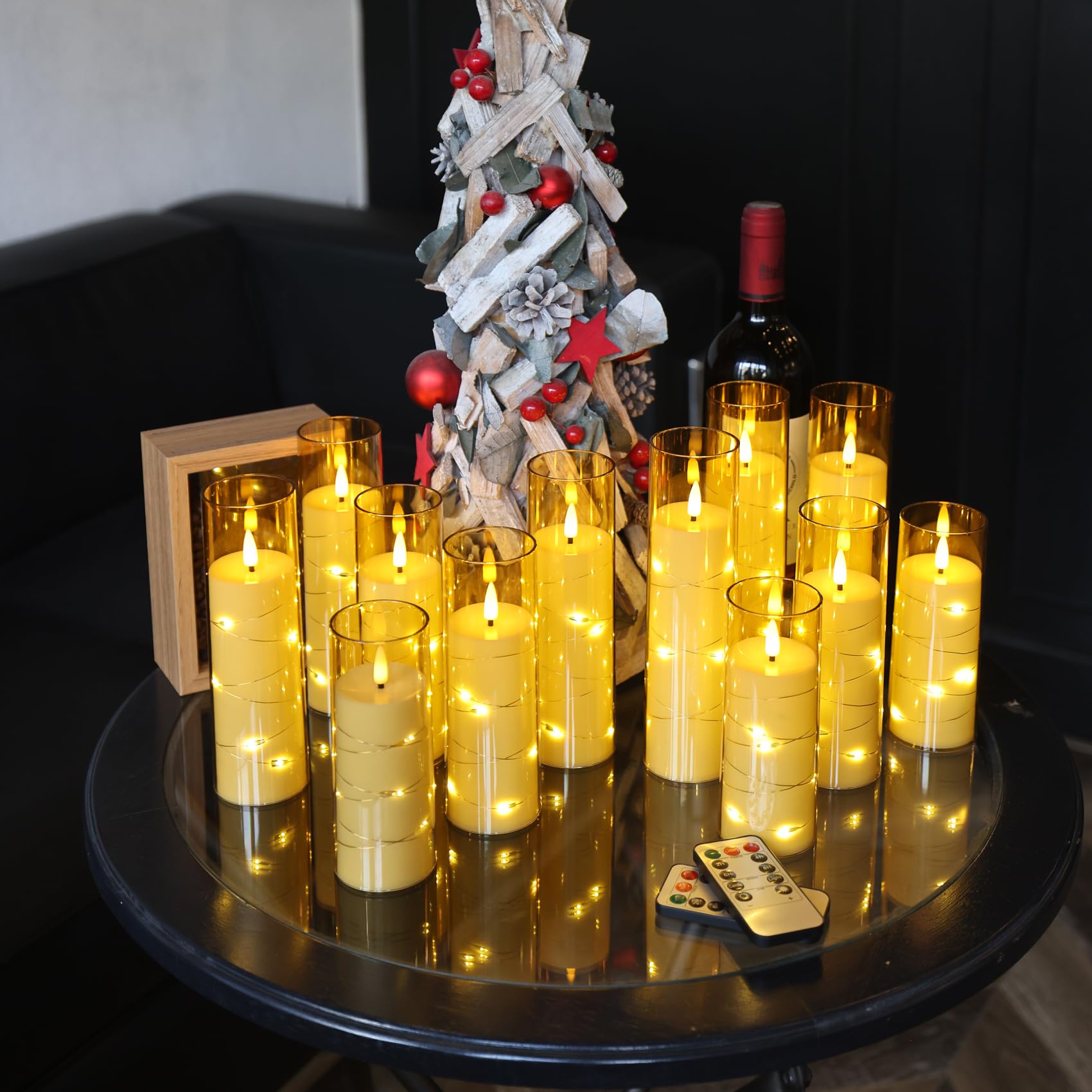 Da by Candela LED lampeggiante con stringa di stelle incorporata, candela a bastoncino LED in acrilico con telecomando a 11 pulsanti e timer, candela elettrica, Dorato, set di 12
