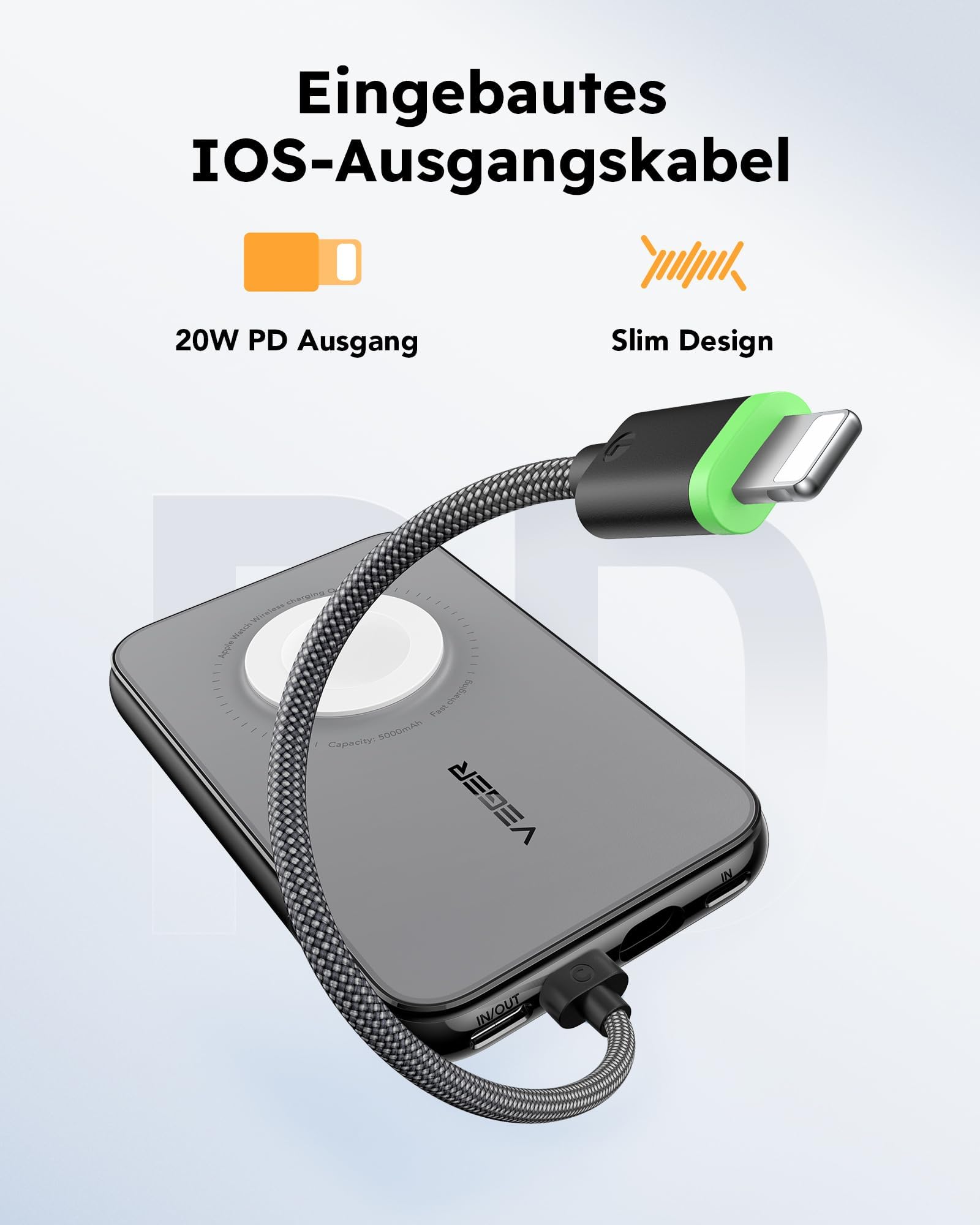VEGER Power Bank 10000mAh con Cavi Integrati compatibile con iPhone Apple Watch, 20W PD Ricarica Rapida Mini Powerbank USB C Batteria Esterna 4 Ingressi e 3 Uscite con LED Display