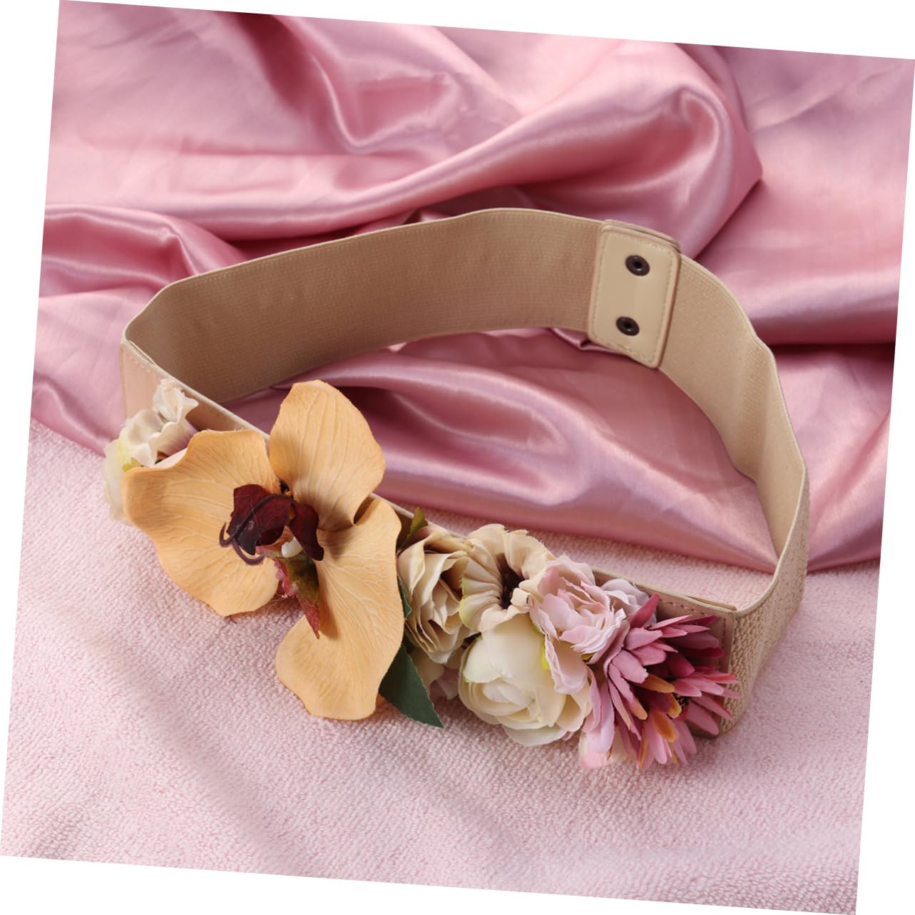 3piezas Cinturón De Flores Artificiales Para Mujer Banda Elástica Ancha Color Khaki Diseño Innovador Para Looks Únicos y Elegantes