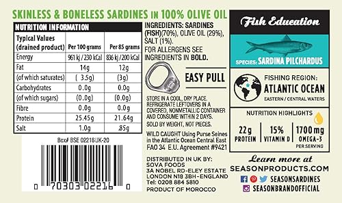 Miniatura 2 de Season Sardinas en aceite de oliva  Sin piel y sin hueso, capturado en la naturaleza, 0.78 oz de proteína, bocadillos Keto, más Omega 3 que atún,
