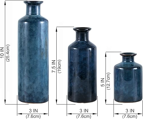 Miniatura 6 de Kimdio Juego de jarrones de cerámica azul, 3 jarrones azules, jarrón moderno de granja, detalles de decoración del hogar, jarrones de arcilla de