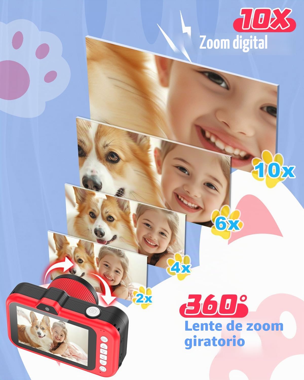 Camara Fotos Infantil, Pantalla Grande de 3,5 Pulgadas 1080P HD 48 MP Cámara para Niños con Lente de Zoom Giratorio 360° Flash LED Juguete de Regalo para Niños para 3 4 5 6 8 7 9 10 Años Niños Niñas