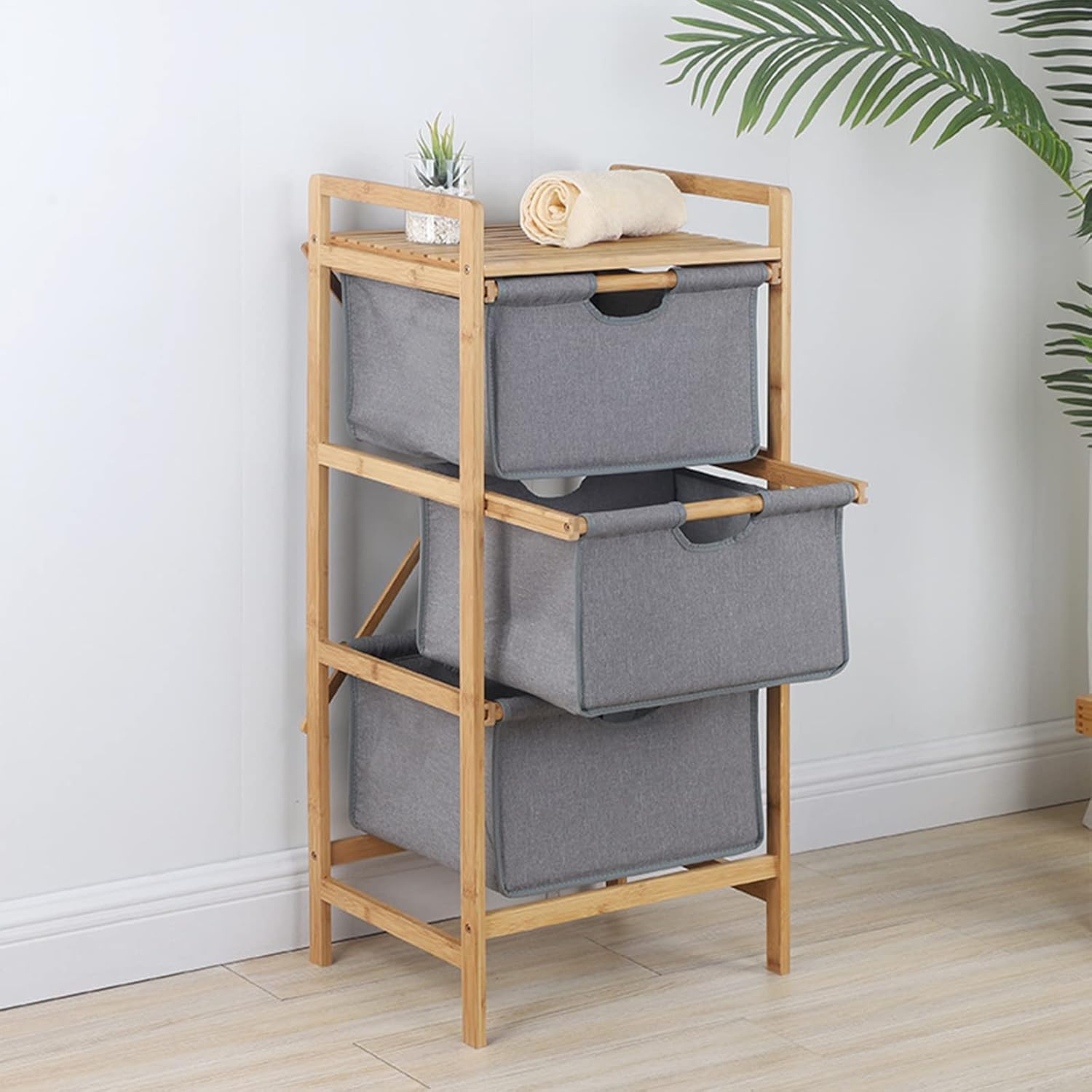 Lukzer 3 Layer Vertical Bamboo Storage Shelf with Removable Fabric Drawers, Multipurpose Tall Organizer for Bathroom, Bedroom, Laundry, Living Room & Office, Space-Saving Wooden Rack, Grey (CH-011)