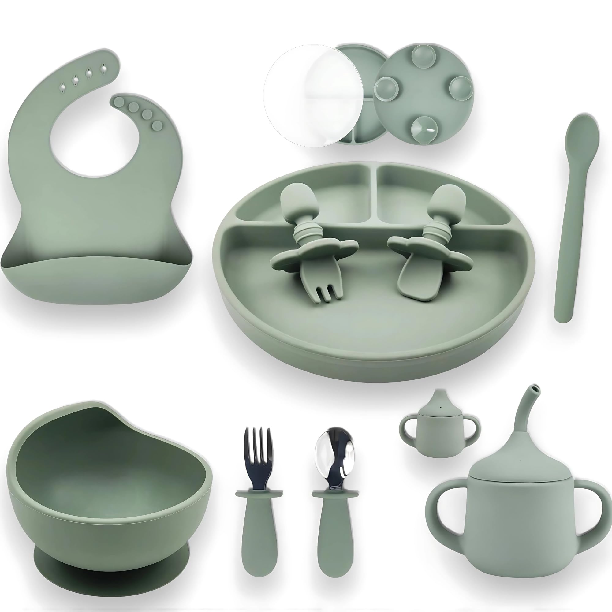 Teeny Weany Baby Feeding Set, 9-Piece Silicone Weaning Set for Baby Led Weaning Suction Plate Bowl Sippy Cup Bib Spoon Fork
