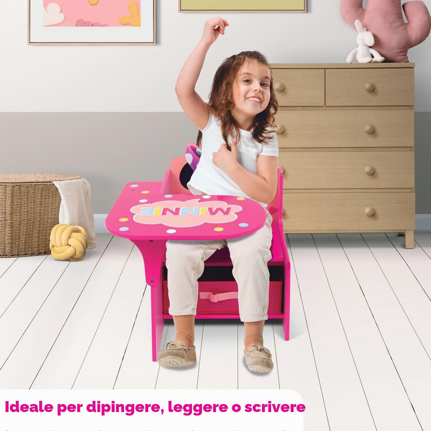 ARDITEX - Sedia-Banco infantile in legno con contenitore in tessuto di Minnie Mouse di Disney - 62x30x60cm - Colore Rosa - Ideale per attività creative, studio o gioco.