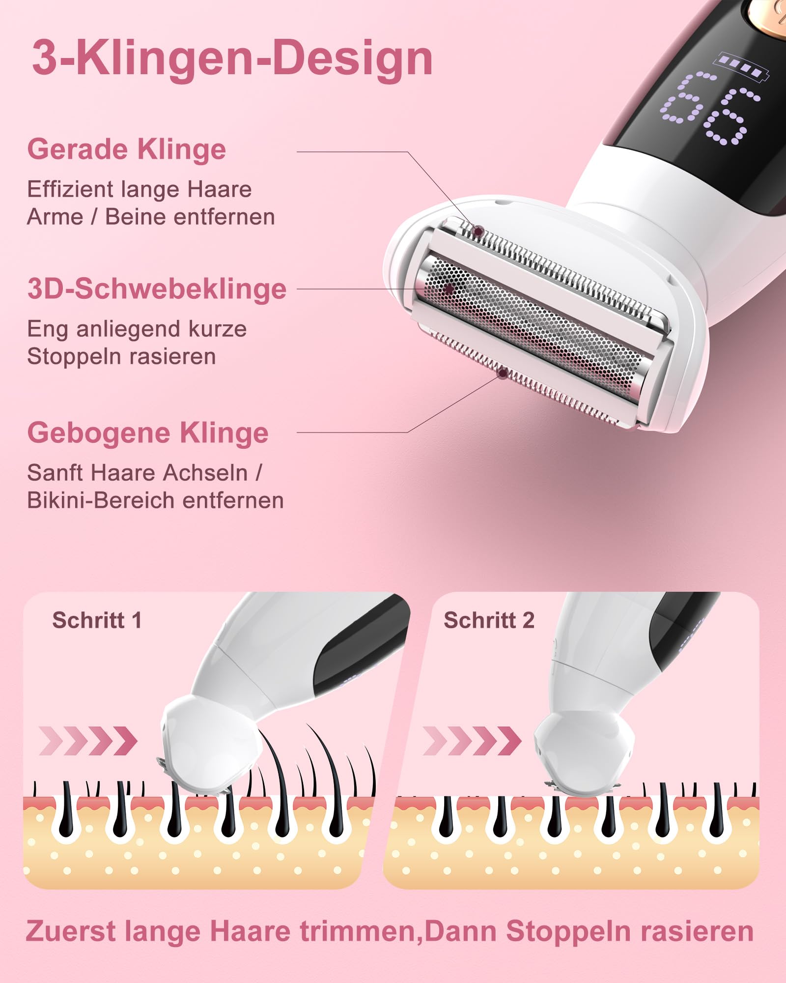 Rasierer Damen,3-In-1 Intimrasierer für Frauen & Gesichtshaarentferner für Frauen,IPX7 Wasserdicht, Nass&Trocken,Damenrasierer Elektrisch für Bikinizone,Achseln,Beine,Bikini Trimmer mit USB Aufladung