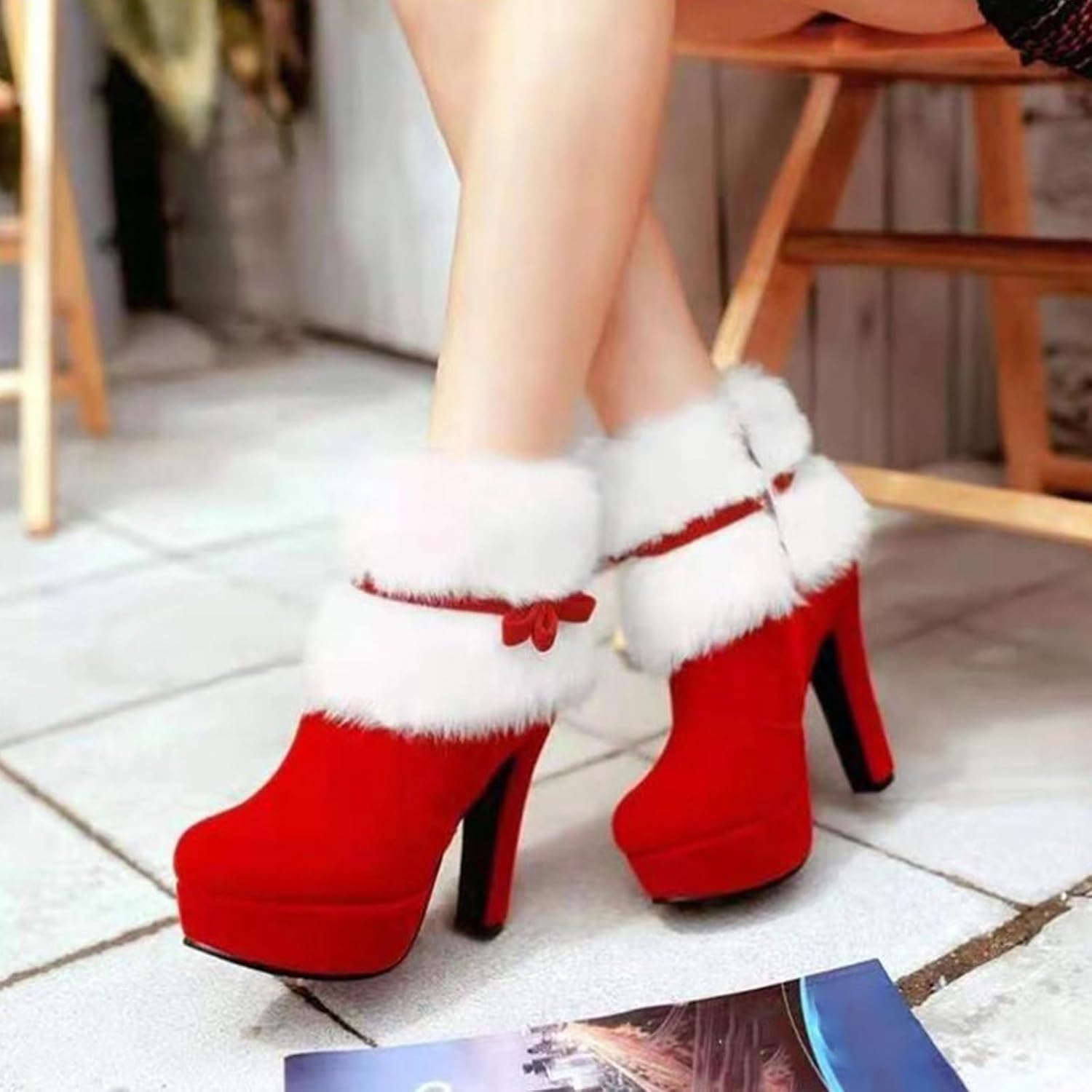 PURCHAWEE Women Winter Red Christmas Boots Ankle Boots Bow Decor Fur Lined Side Zipper Christmas Heels Santa Boots