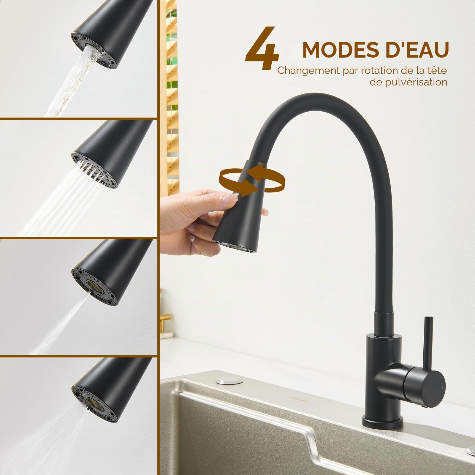Robinet Cuisine Noir, Mitigeur Cuisine avec Bec Flexible 4 Modes de Réglage, Robinetterie Evier Pivotant à 360° en Acier Inoxydable, Froid & Chaud Disponible