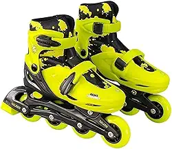 Kit Patins Infantil 4 Rodas Iluminadas com Capacete e Proteções Completas Tamanho 35-38 Amarelo Certificado INMETRO para Crianças Iniciantes e Intermediários