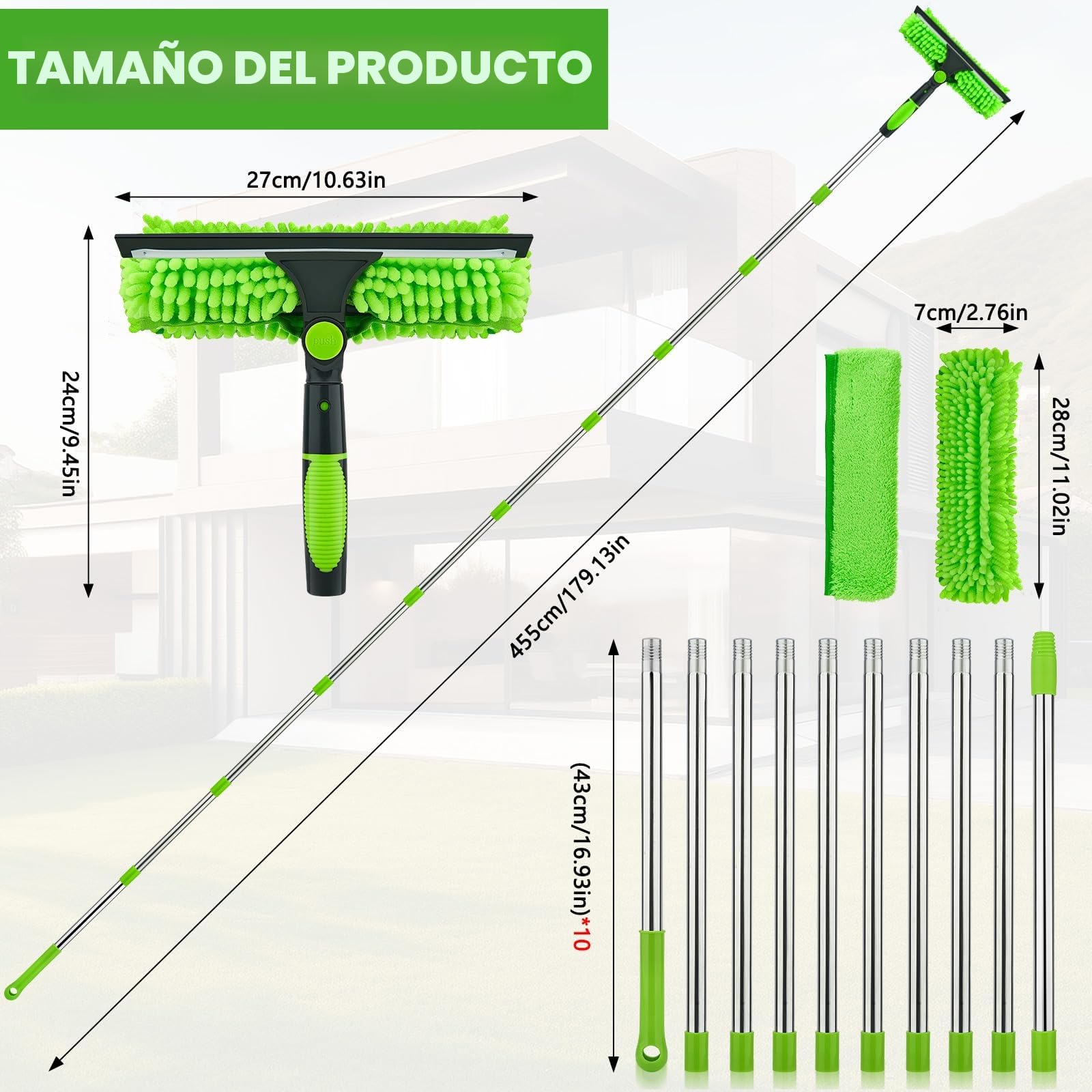 4,5m Ajustables Palo Telescopico Limpieza, Limpiacristales Telescopico con Limpiaparabrisas De Silicona Y Cepillo De Microfibra, Plumero Telescopico Extensible, para La Limpieza De Ventanas De Vidrio