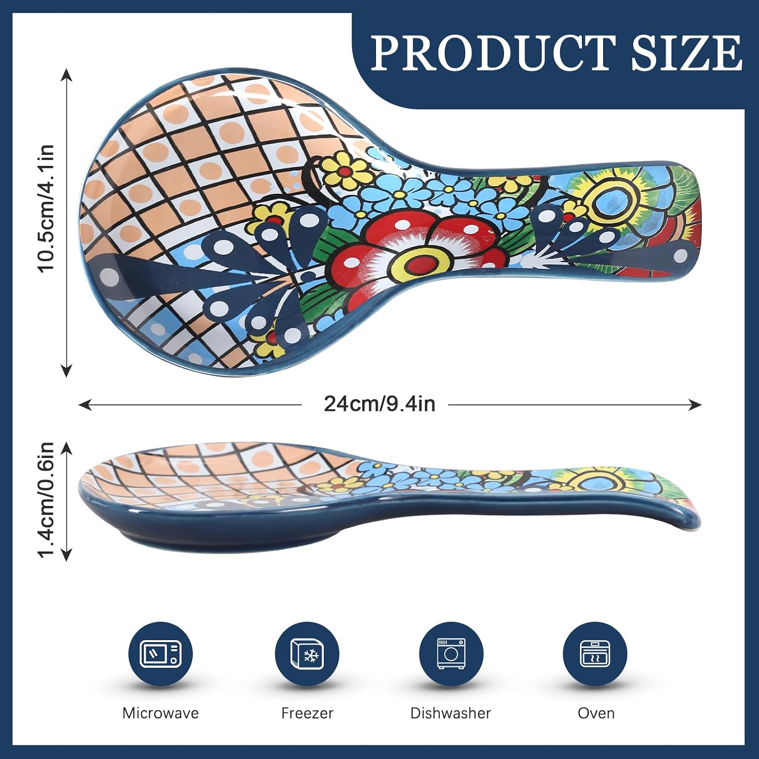 FYSUIMU 9.4 Inch Mexican Talavera Ceramic Spoon Rest Cinco De Mayo Cooking Spoon Holder Vintage Heat Resistant Utensil for Mexican Fiesta Stove Top Kitchen Countertop Decor