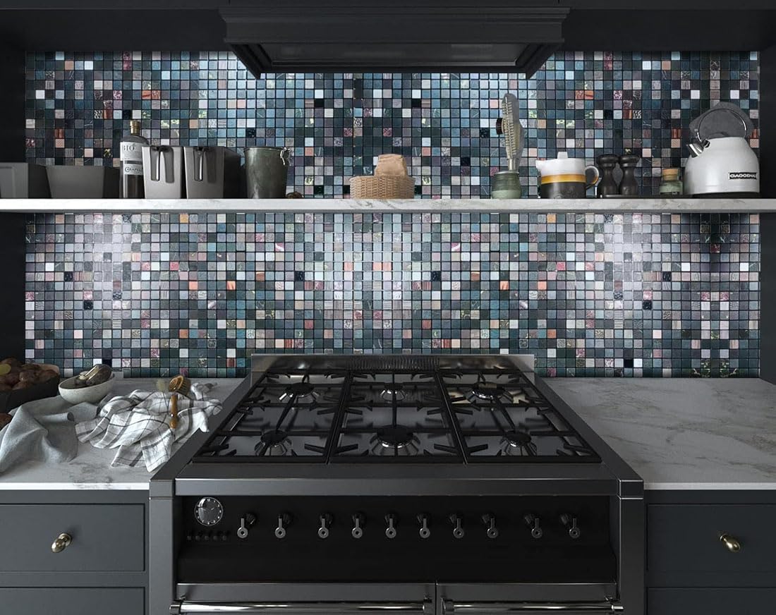 weimeisc 10 Sheets Peel and Stick Backsplash Tile for Kitchen, Self-Adhesive Mosaic Tile, Stick on Bathroom Vanities，Fireplace Décor, Laundry Table(12" X 12") (Black Printing)