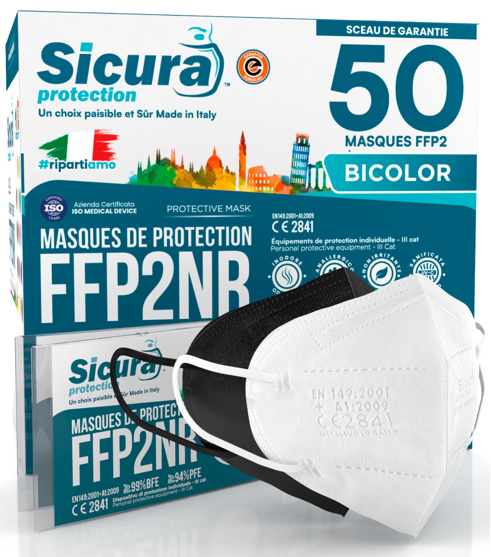 50x masques FFP2 certifié CE Noir et Blanc Made in Italy SICURA logo embossé BFE ≥99% SANITIZED and SEALED Italian FFP2 mask. Contient 25 Noirs + 25 Blancs