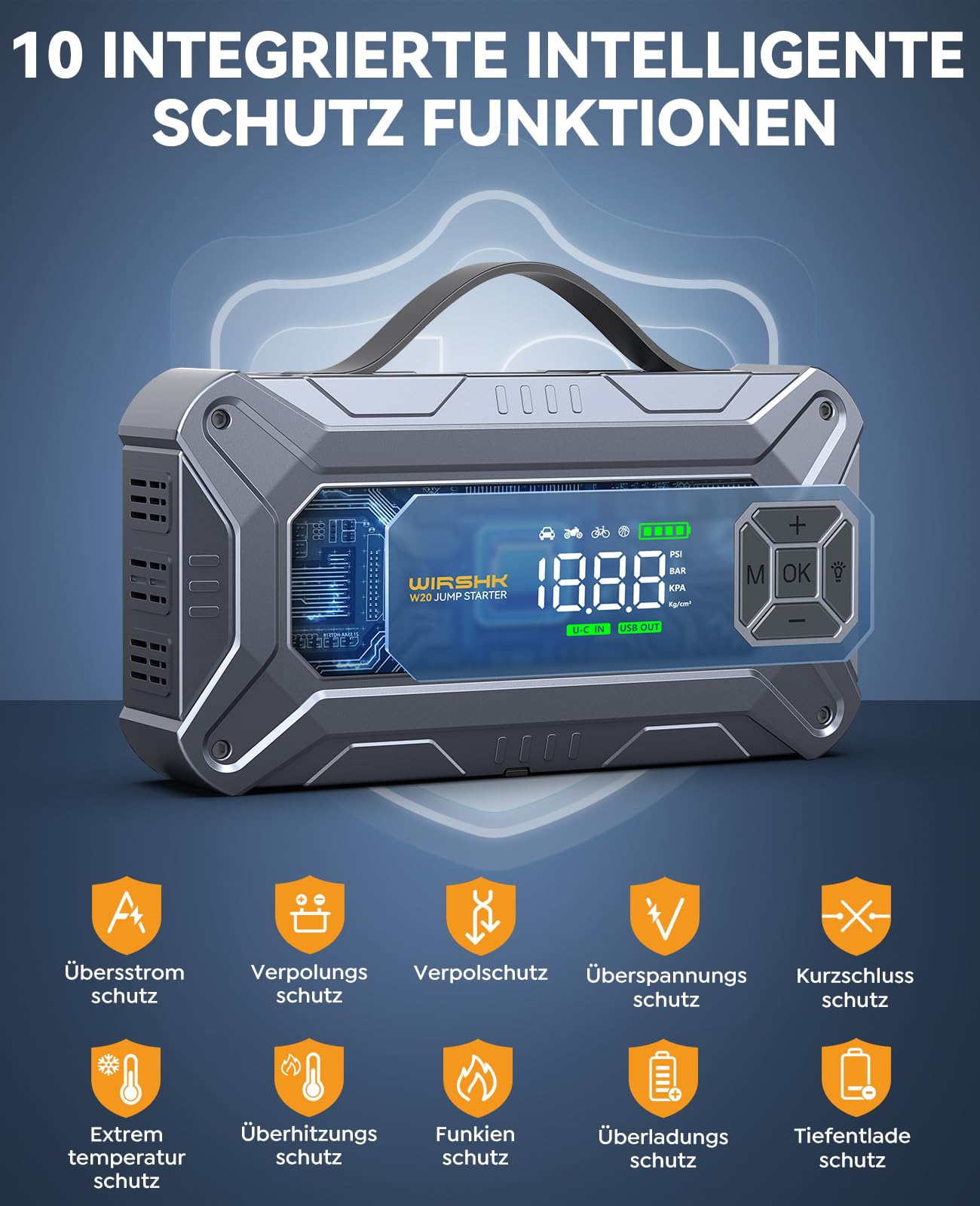 Batterie Booster 8000A, Auto Starthilfe mit 160PSI Luftpumpe für alle Benzinmotoren & bis zu 10L Diesel, mit Display und Notleuchte | Für alle Benzin & 10L Diesel, 27000mAh, Starthilfekabel, EVA-Tasche, Display, LED-Lampe, Motorrad, SUV