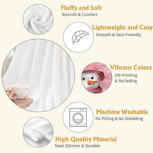 Miniatura 2 de YeeJu Manta grande de Navidad rosa con diseño de muñeco de nieve para sofá, cama, suave, acogedora, ligera, mullida y afelpada, manta de forro polar