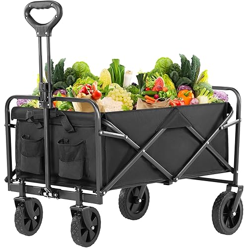 DUMOS Wagon, Wagons Carts Foldable with All-Terrain Wheels, Portable Shopping Cart Large Capacity Utility Cart with Drink Holders, Heavy Duty Collapsible Wagon for Sand, Beach, Gardening (30IN Black)