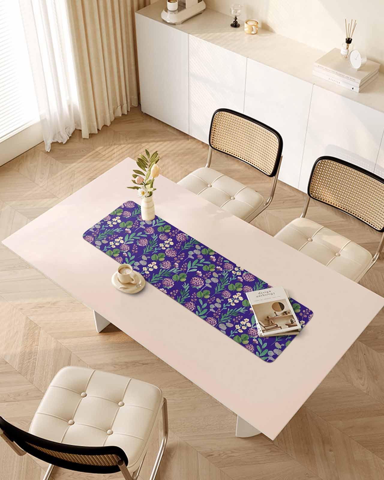 Debedcor Heat Proof Table Pads Waterproof Decorative, Teal Green Leaves Non-Slip Table Countertop Protector, Rustic Pink Floral Botanical Purple Insulation Mat for Dining Room, 48 x 12 Inches