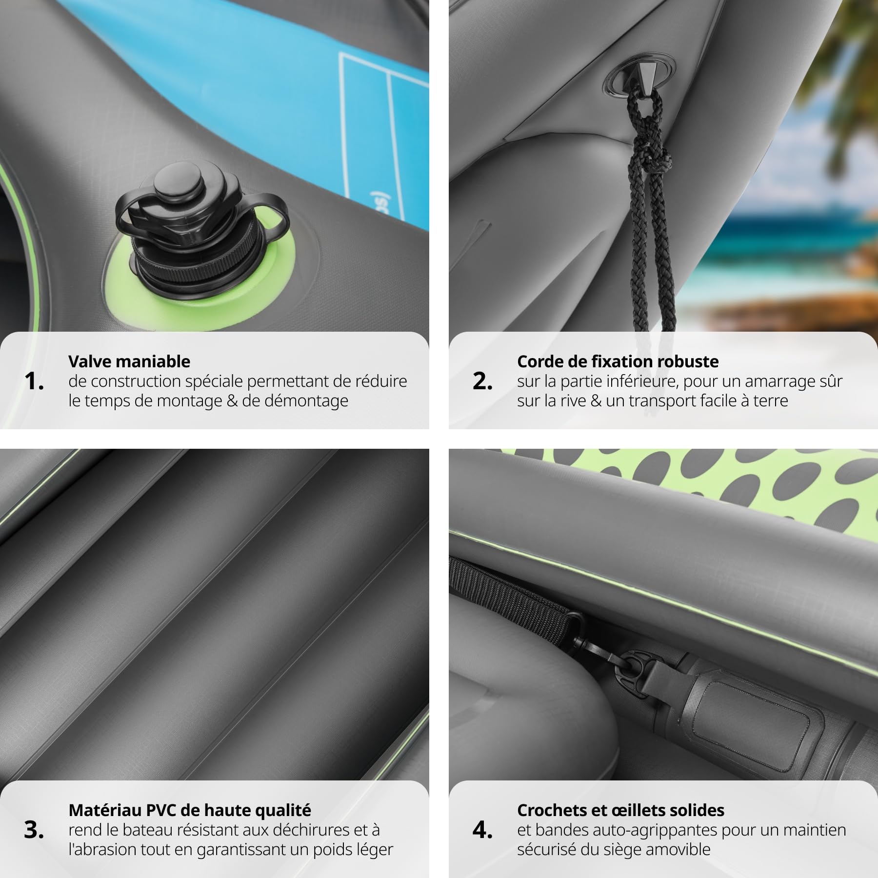 tectake® Canoë Kayak Gonflable en PVC Robuste avec Pagaie Double Solide, Filets de Transport & Sac de Transport, Kayak de mer Gonflable - Plusieurs Options 1 ou 2 Places