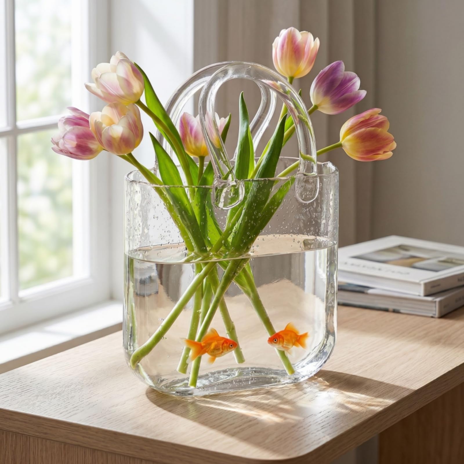 Noamus Purse Vase for Flowers, Unique Clear Glass Bag Vases with Handle, Handbag Shape Flower Vase Fish Bowl, Wide Mouth Bubble Vases for Wedding Birthday Centerpieces, Home Garden Decor(Transparent)
